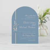 Moderne Monogram Script Stofblauwe Boog Bruiloft Kaart (Staand voorkant)
