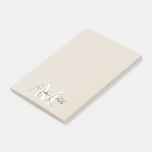 Moderne monogram scriptnaam logo beige post-it® notes (Schuin)
