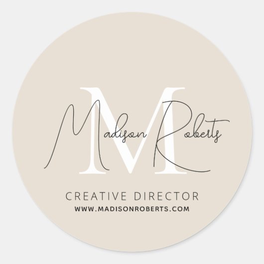 Moderne monogram scriptnaam logo beige ronde sticker (Voorkant)