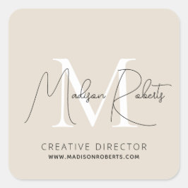Moderne monogram scriptnaam logo beige vierkante sticker