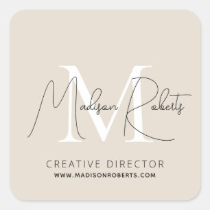 Moderne monogram scriptnaam logo beige vierkante sticker