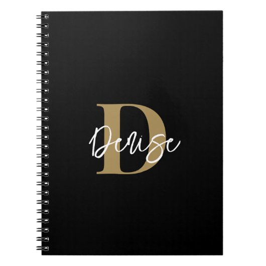 Moderne monogram scriptnaam zwart goud notitieboek (Voorkant)