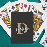 Moderne monogram scriptnaam zwart goud pokerkaarten<br><div class="desc">Creëer uw eigen gepersonaliseerde, aangepaste kleur, moderne, stijlvolle klassieke afspeelkaarten met een monogram en naambedekking in een voorgestelde trendy handgeschreven stijlscriptlettertype in uw keuze uit kleurencombinatie (weergegeven in zwart, faux goud en wit). WIJZIGINGEN: De stijl, de kleur, de grootte en de plaatsing van het tekstdoopvont kunnen in EDIT worden veranderd....</div>