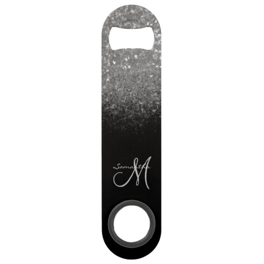 Moderne monogram Silver Glitter & Black Name Speed Flessenopener (Achterkant)