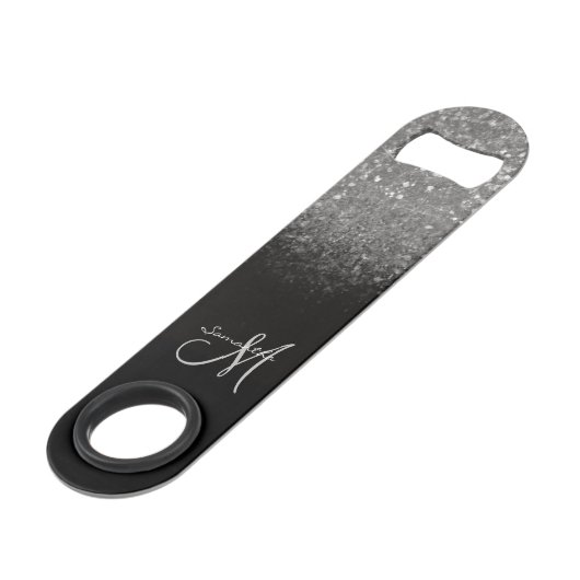 Moderne monogram Silver Glitter & Black Name Speed Flessenopener (Achterkant Gekanteld)