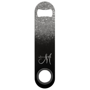 Moderne monogram Silver Glitter & Black Name Speed Flessenopener
