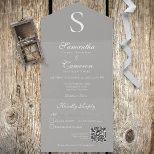 Moderne monogram Silver Grey QR Code All In One Uitnodiging