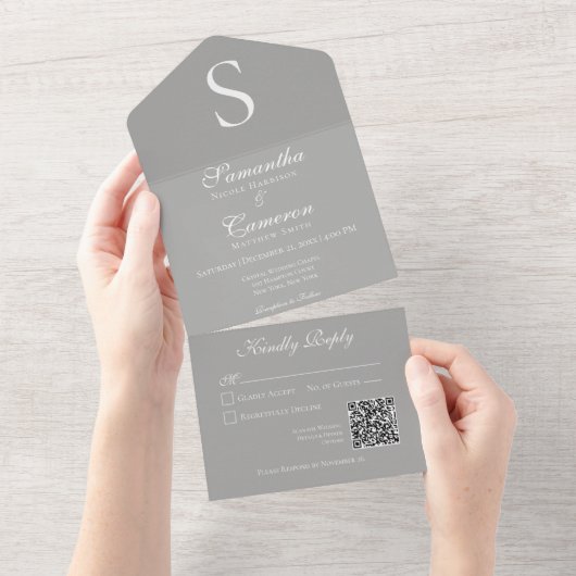 Moderne monogram Silver Grey QR Code All In One Uitnodiging (Afscheurbaar)