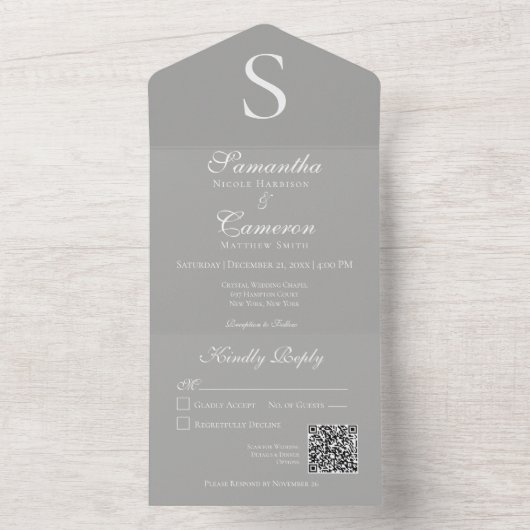 Moderne monogram Silver Grey QR Code All In One Uitnodiging (Binnen)
