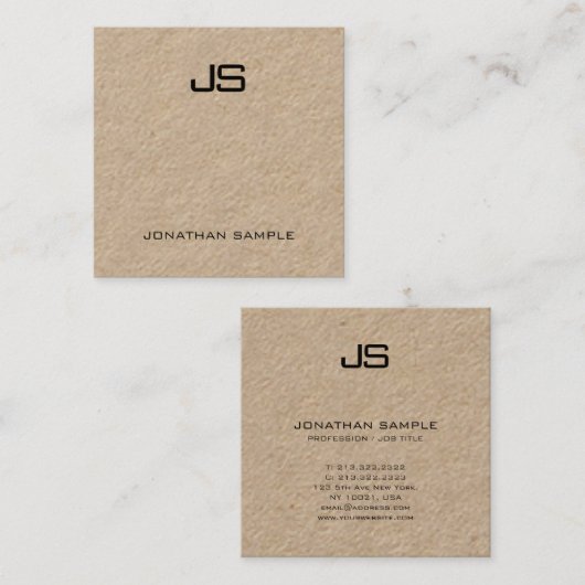 Moderne Monogram Sjabloon Elegant Echt Kraft Papie Vierkante Visitekaartje (Voorkant / Achterkant)