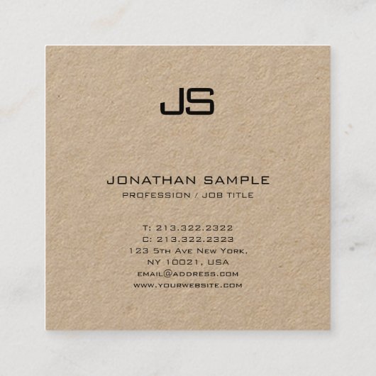 Moderne Monogram Sjabloon Elegant Echt Kraft Papie Vierkante Visitekaartje (Achterkant)