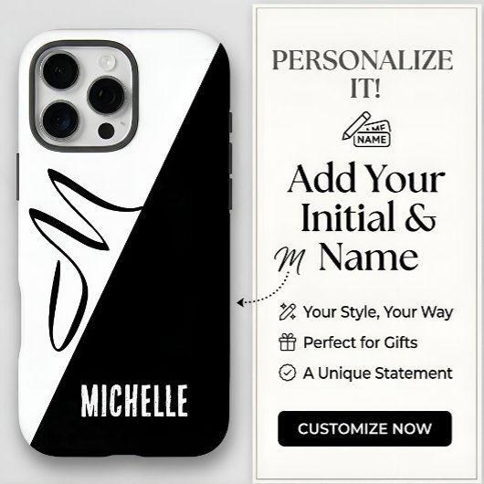 Moderne Monogram Split Zwart & Wit Aangepaste Naam Case-Mate iPhone Case