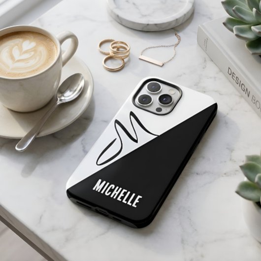 Moderne Monogram Split Zwart & Wit Aangepaste Naam Case-Mate iPhone Case