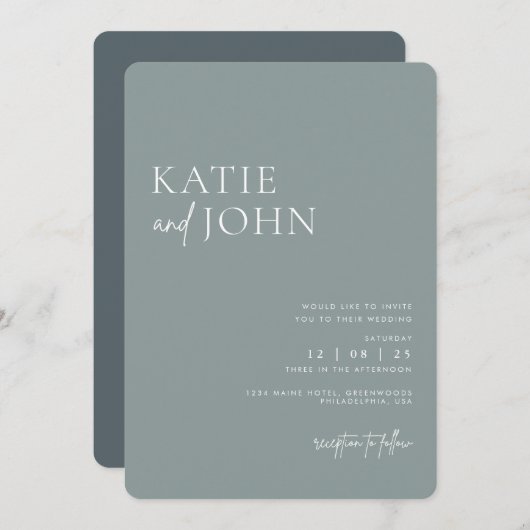 Moderne Monogram Stof Blauwe Trouwdag Kaart (Voorkant / Achterkant)