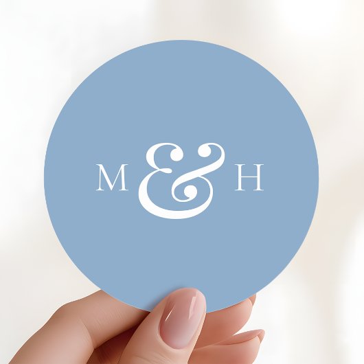 Moderne Monogram Stofblauwe Trouwgunst Ronde Sticker