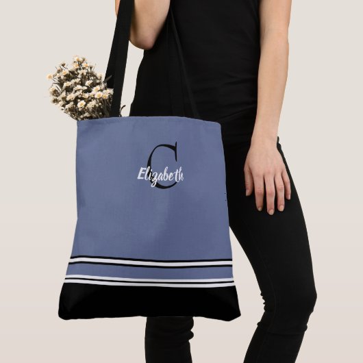 Moderne Monogram Strepen Zwart Blauw Tote Bag (Dichtbij)
