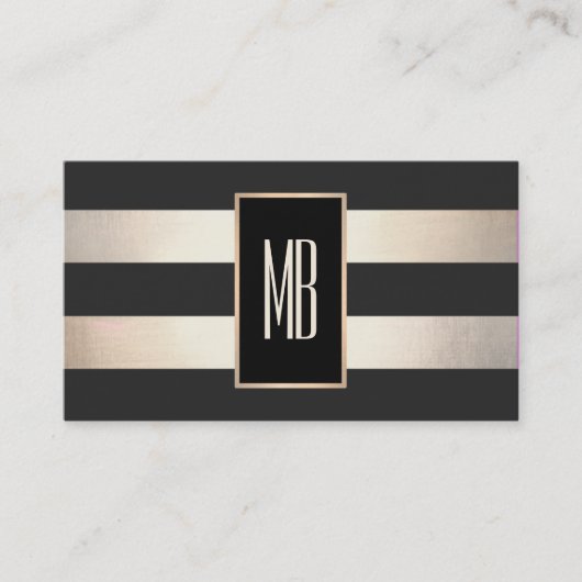 Moderne monogram Striped Black en FAUX Gold Foil Visitekaartje (Voorkant)