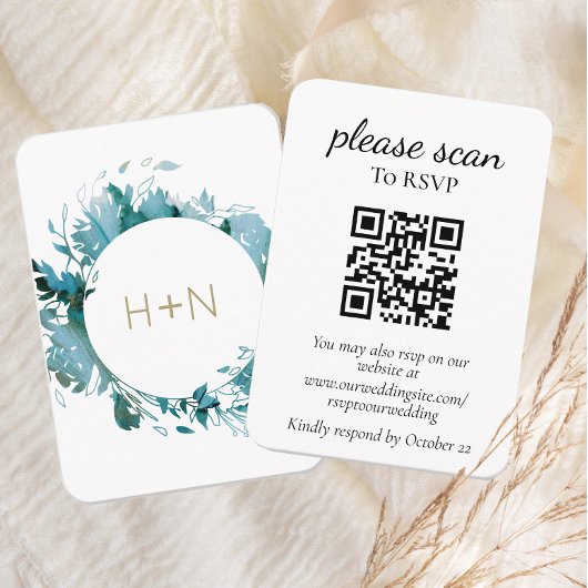Moderne Monogram Teal RSVP met QR-code  Informatiekaartje