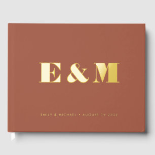 Moderne Monogram Terracotta Gouden Folie Bruiloft Gastenboek