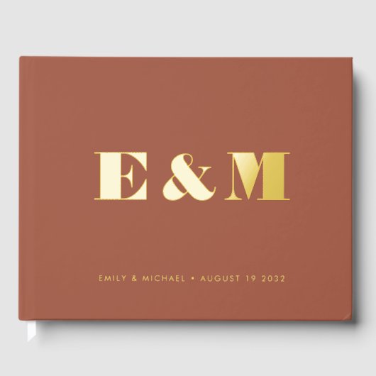 Moderne Monogram Terracotta Gouden Folie Bruiloft Gastenboek (Voorkant)