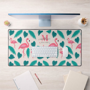 Moderne Monogram Tropische Bladeren Heet Roze Flam Bureaumat