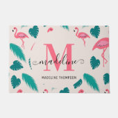 Moderne Monogram Tropische Bladeren Heet Roze Flam Deurmat (Voorkant)