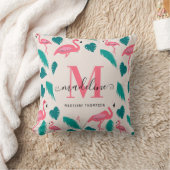 Moderne Monogram Tropische Bladeren Heet Roze Flam Kussen (Deken)