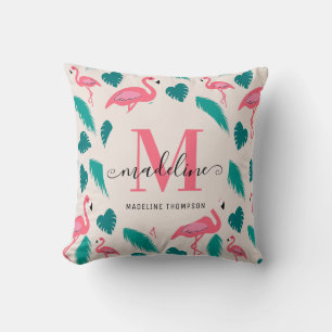 Moderne Monogram Tropische Bladeren Heet Roze Flam Kussen