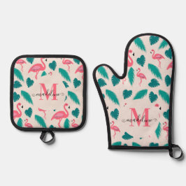 Moderne monogram Tropische bladeren Hot Pink Flami Ovenwant & Pannenlap Set