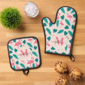 Moderne monogram Tropische bladeren Hot Pink Flami Ovenwant & Pannenlap Set (Top down)