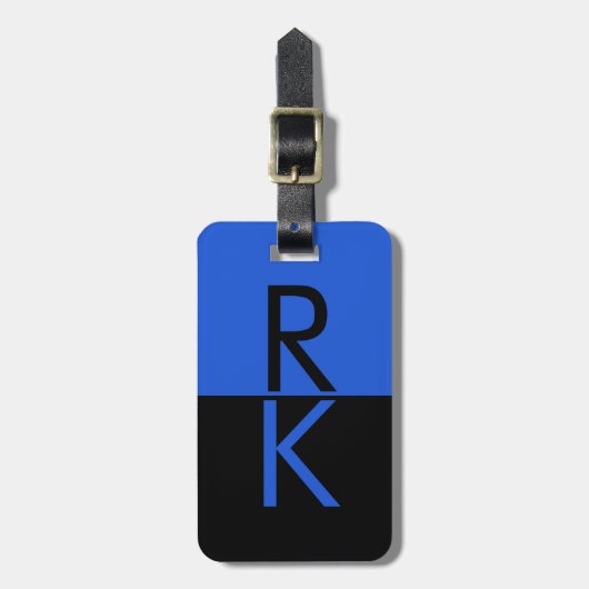 Moderne Monogram Typografie Blauw Zwart Gepersonal Bagagelabel (Voorkant verticaal)