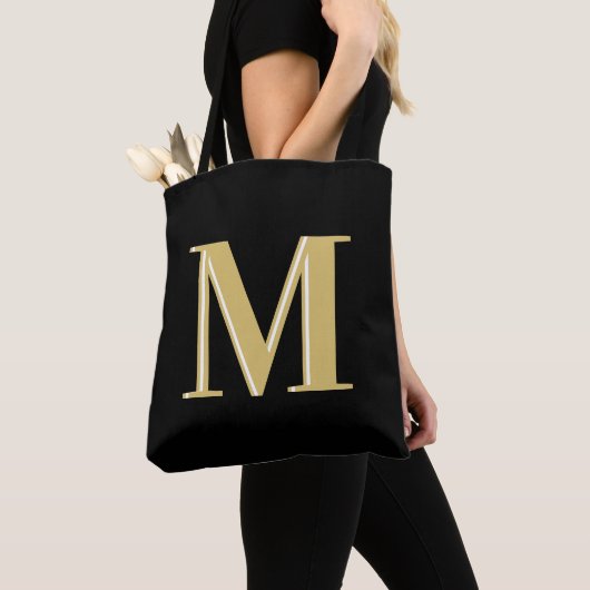 Moderne monogram typografie goud zwart tote bag (Dichtbij)