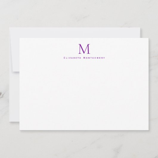 Moderne Monogram Violet Paarse Correspondentie Notitiekaartje (Voorkant)