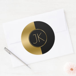 Moderne monogram voor geometrisch goud en zwart de ronde sticker