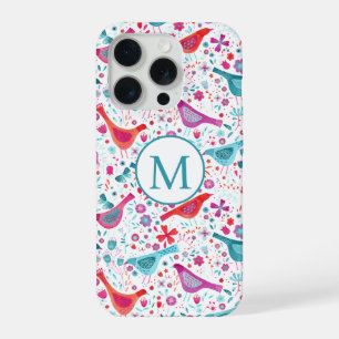 Moderne monogram Waterverf vogels en bloemen iPhone 15 Pro Case