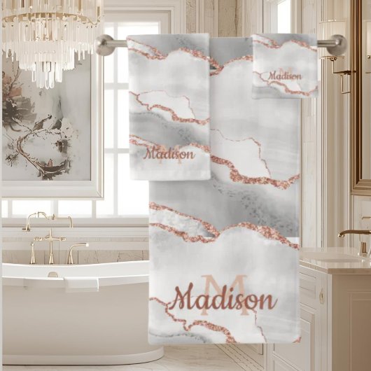 Moderne Monogram Wit Agaten Roze Gouden Glitter Bad Handdoek