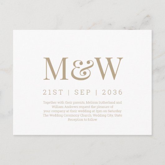 Moderne Monogram Witte Huwelijksuitnodiging Briefkaart (Voorkant)