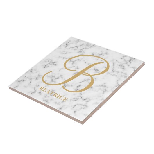 Moderne monogram witte marmer monogram met gemarme tegeltje (Zijkant)