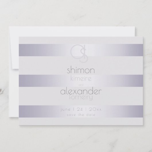 Moderne Monogram Zilveren Paarse Strepen Save The Date (Voorkant)