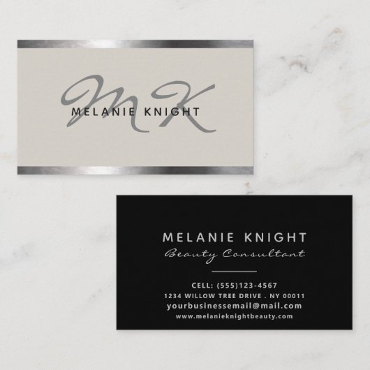 Moderne Monogram Zilveren Rand Minimalistisch Visitekaartje (Voorkant / Achterkant)