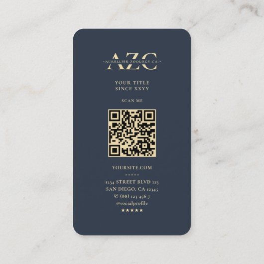 Moderne Monogram Zoologie Zooloog Donkerblauw Goud Visitekaartje (Achterkant)