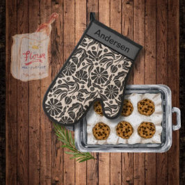 Moderne Monogram Zwart Beige Flower Pattern Keuken Ovenwant