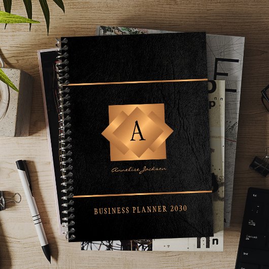 Moderne monogram zwart goud naam script elegant planner