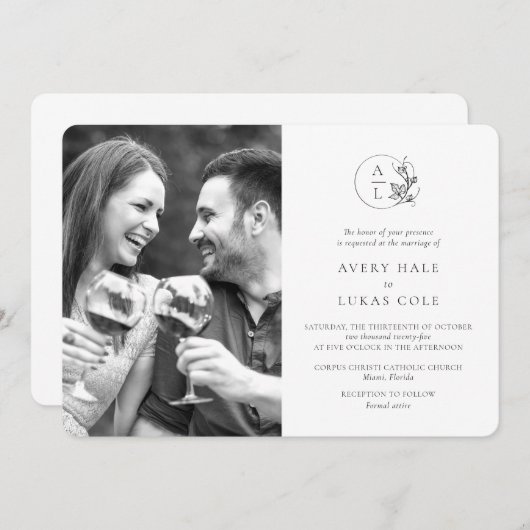 Moderne Monogram Zwart Wit Fotobruiloft Kaart (Voorkant / Achterkant)