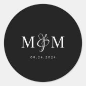 Moderne Monogram Zwarte Elegante Trouw Envelope Ronde Sticker (Voorkant)