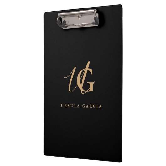 Moderne Monogram Zwarte en Gouden Schrift Klembord (Links)
