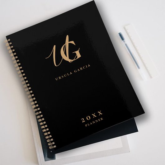 Moderne Monogram Zwarte en Gouden Schrift Planner