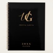 Moderne Monogram Zwarte en Gouden Schrift Planner (Voorkant)