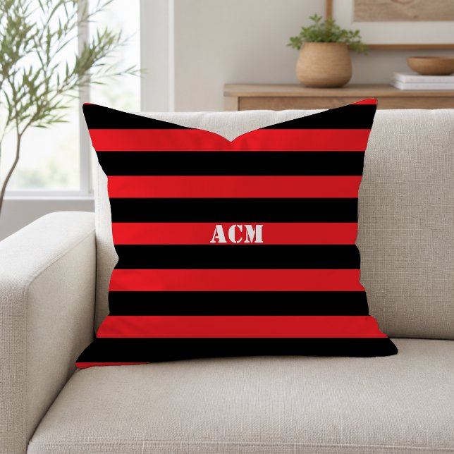 Moderne Monogram Zwarte en Rode Strepen Kussen (Creator heeft geüpload)