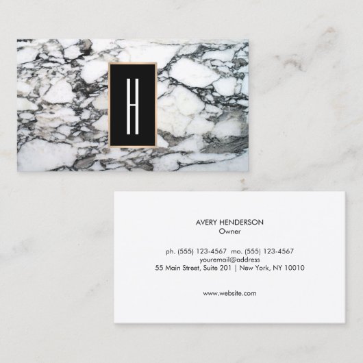 Moderne monogram, zwarte en witte marmer, steen visitekaartje (Voorkant / Achterkant)